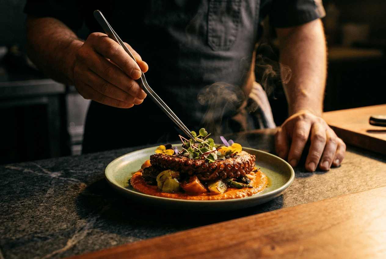 A chef carefully plating a Nocturne Organic dish