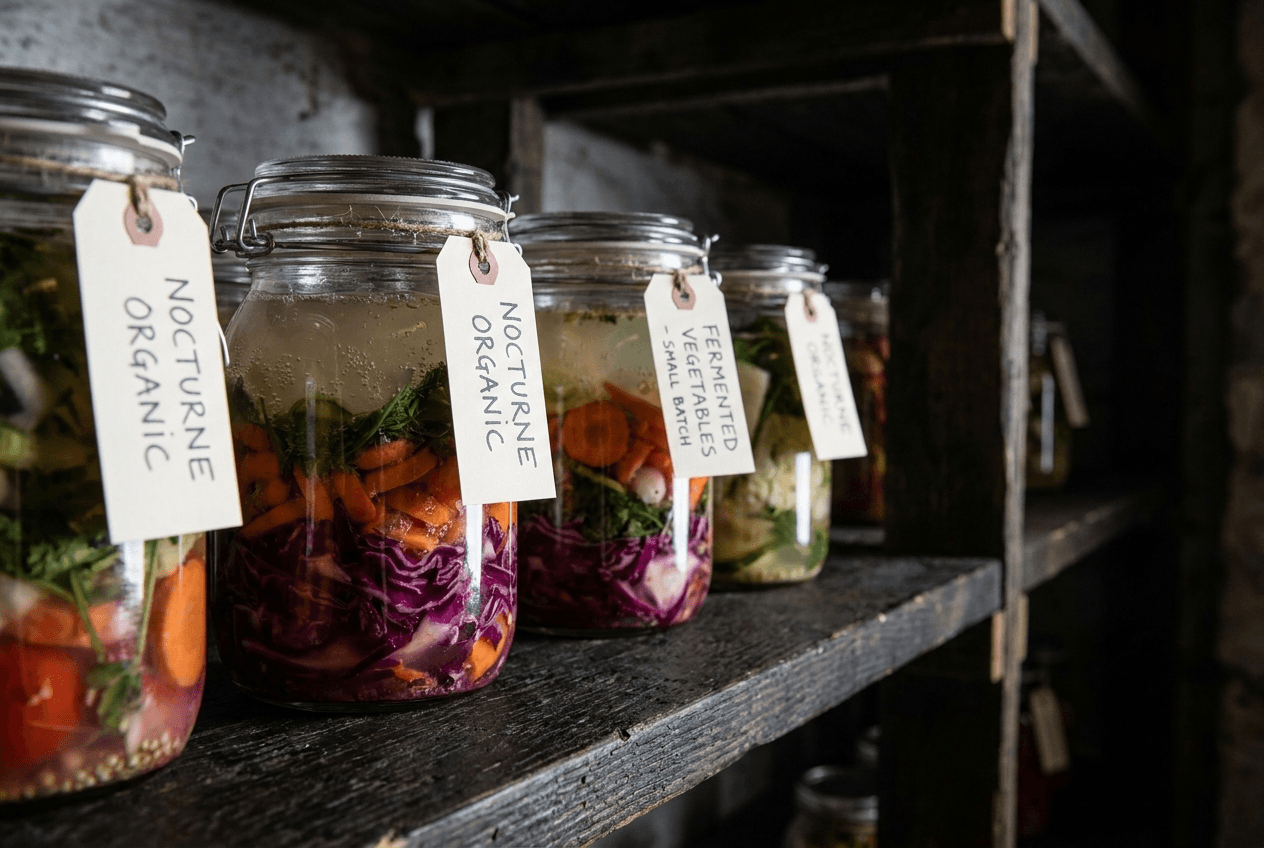 Glass jars of artisanal botanical fermentation