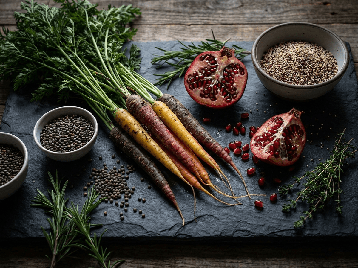 Raw organic roots, herbs, grains, and pomegranate on dark stone