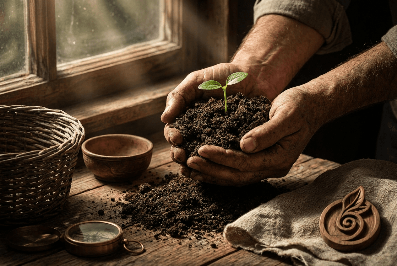 Regenerative soil held gently in a farmer's hands