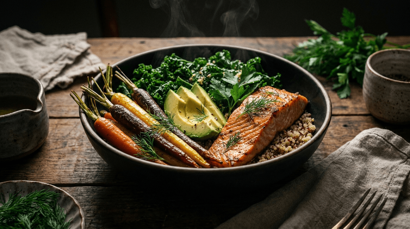 A beautifully plated organic salmon bowl